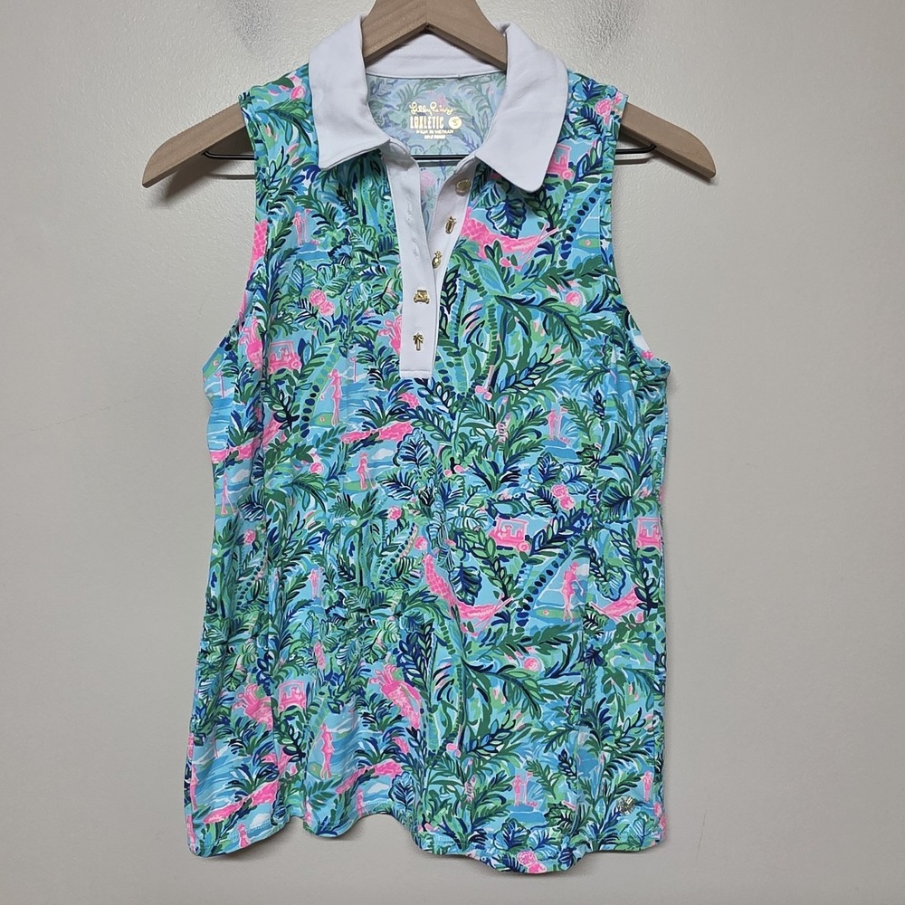 Lilly Pulitzer UPF50+ Imara Polo par Faction Sleeveless Golf Shirt Sz S Colorful